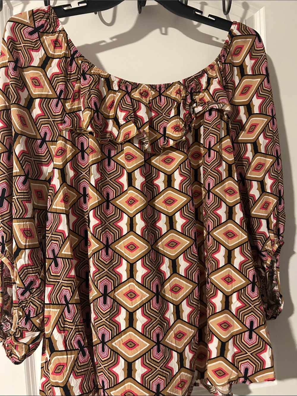 Cato Geometric Off-Shoulder Tunic in Brown, Pink, Cream